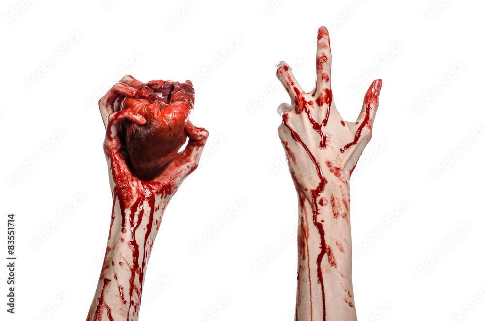 terrible bloody hand hold torn bleeding human heart isolated terrible bloody hand hold torn bleeding human heart isolated
