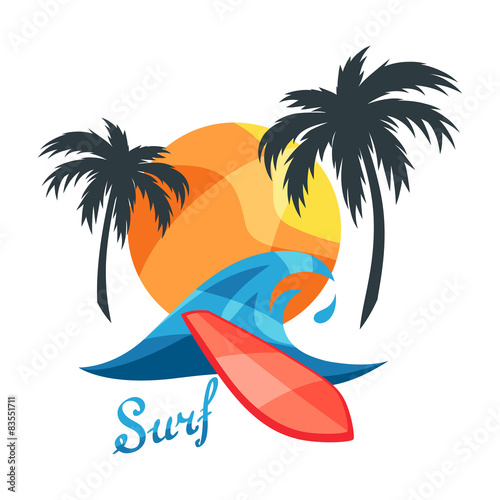 Bright surfing illustration or print for t-shirts