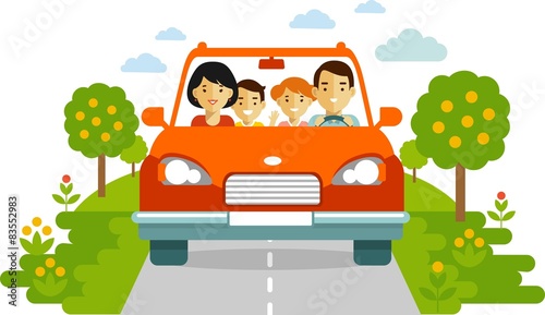 Happy family traveling by car on nature background