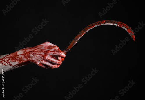 bloody hand holding a sickle, sickle bloody, bloody scythe 