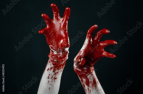 Bloody hands in white gloves, zombie, demon, maniac studio