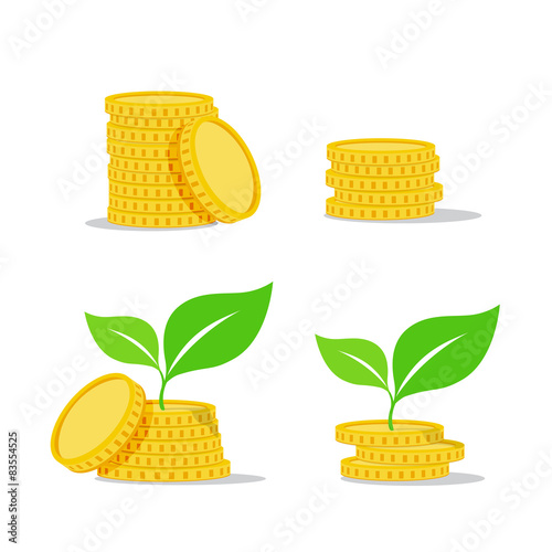 Growing investment coin money and green leaf - flat icon