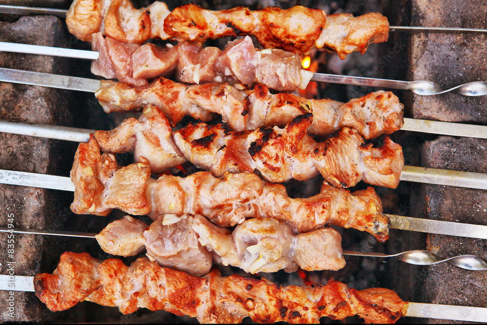 mutton meat made as a shashlik on the outdoor country pick-nick