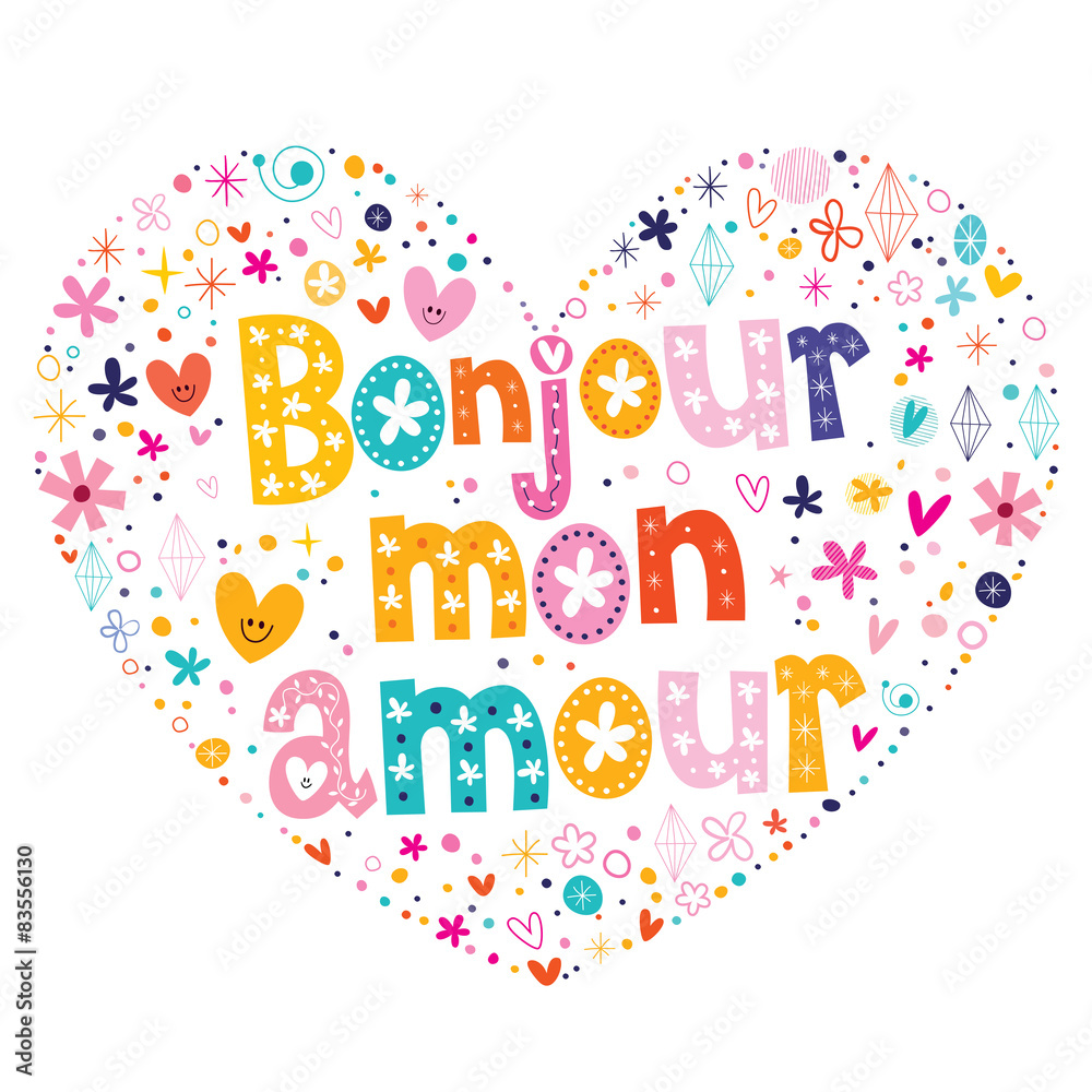 Bonjour mon amour French heart shaped type lettering design