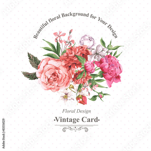 Vintage Watercolor Greeting Card with Blooming Flowers. Roses
