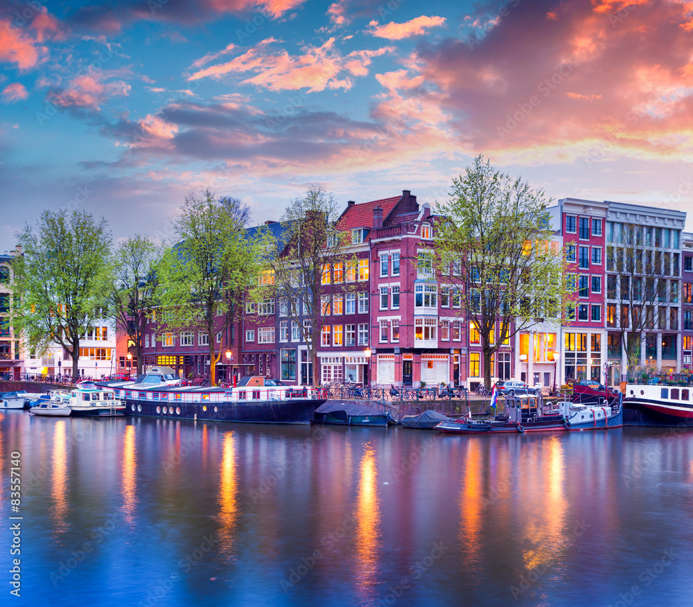 Colorful spring sunset on the canals of Amsterdam