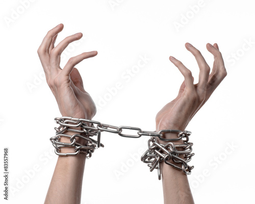 Social theme: hands tied a metal chain on a white background