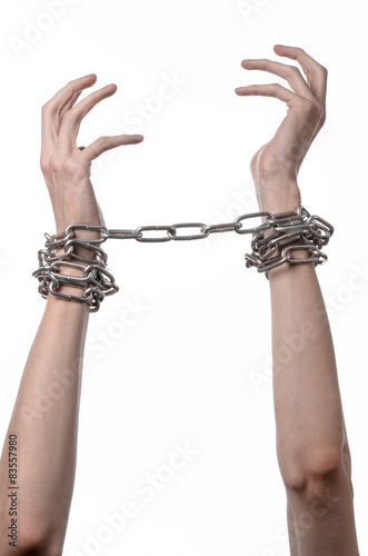 Social theme: hands tied a metal chain on a white background