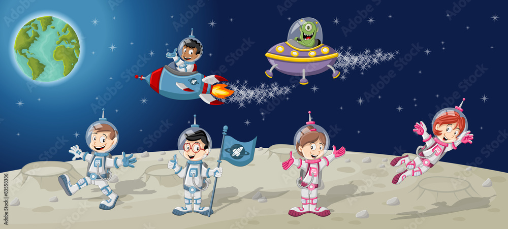 Astronaut cartoon characters on the moon with a alien spaceship Stock  Vector | Adobe Stock