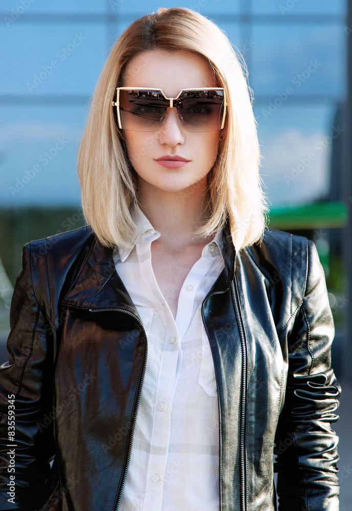 fashion portrait of stylish beautiful woman in leather jacket an fashion portrait of stylish beautiful woman in leather jacket an