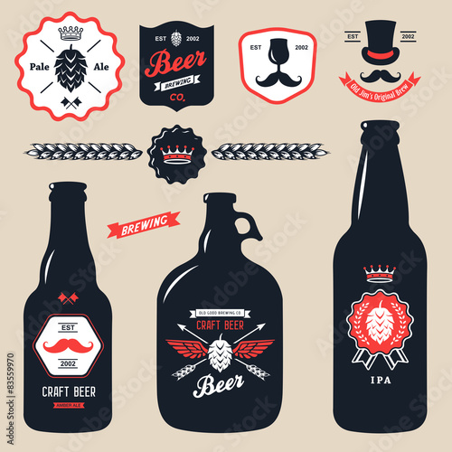 set of vintage craft beer bottles brewery badges