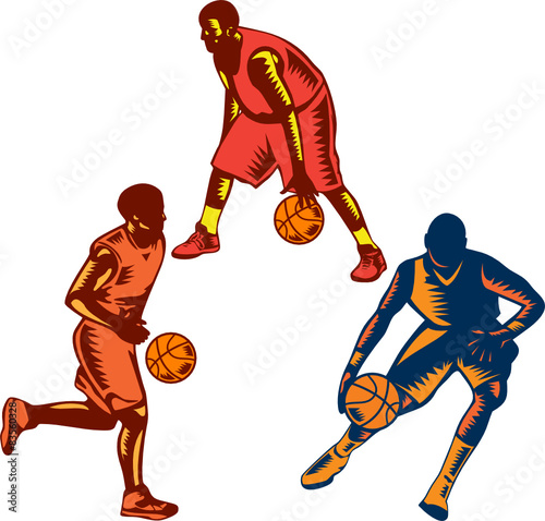 Basketball Player Dribble Woodcut Collection