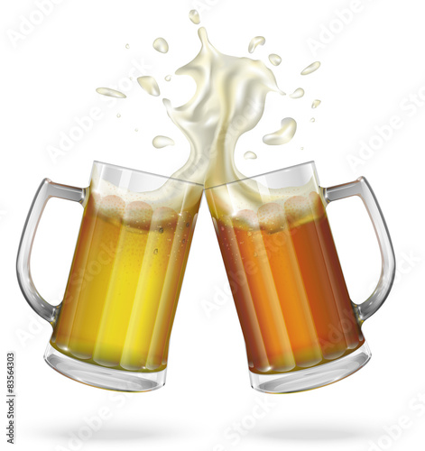 Two mugs with ale, light or dark beer. Mug with beer. Vector