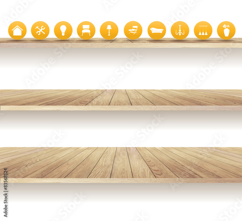 Wooden shelves isolated on white background, With furniture flat