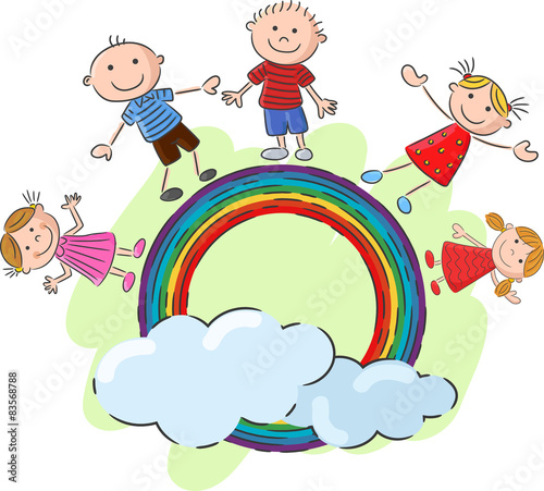 Little kids standing on the rainbow. vector illustration