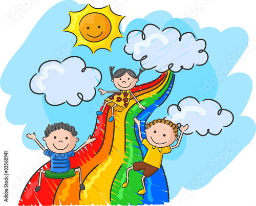 Cartoon little kids playing slide rainbow