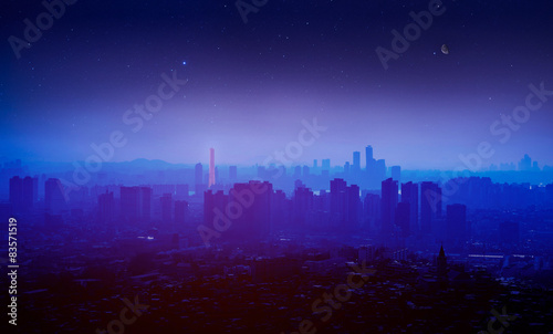 silhouette of korea cityscape and star with soft focus.