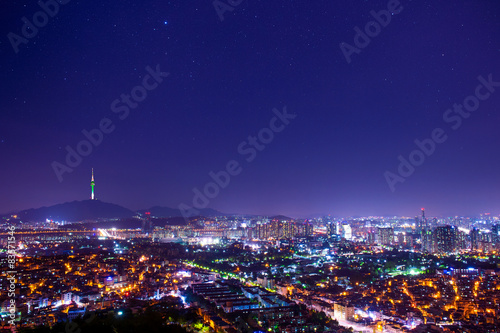 Downtown skyline of Seoul, South Korea with Seoul Tower and star