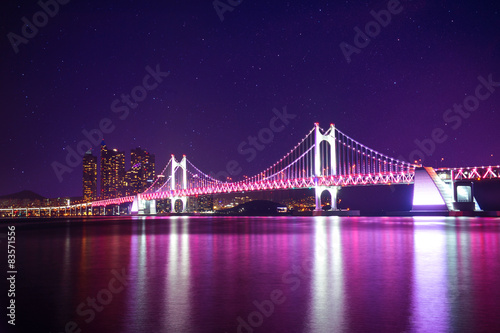 Gwangan Bridge at night with star in Busan, South Korea.