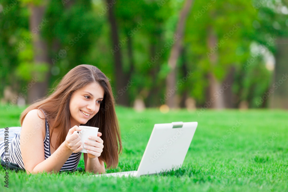 girl with laptop computer and cup girl with laptop computer and cup