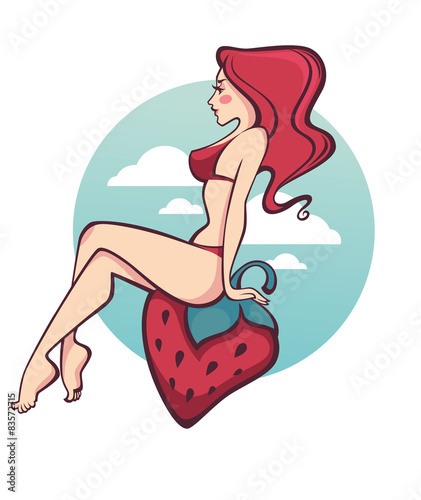 girl and strawberry, vector summer illustration