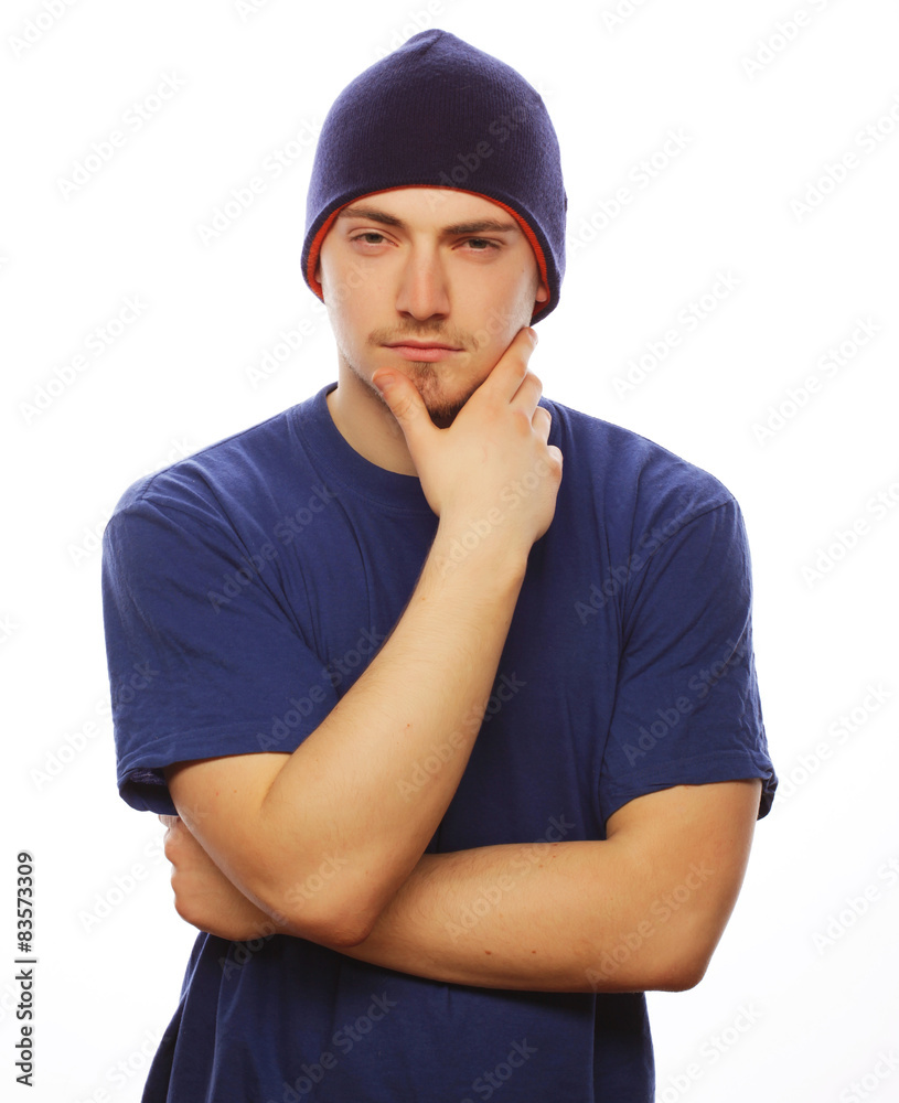 man in blue t-shirt and blue hat. man in blue t-shirt and blue hat.
