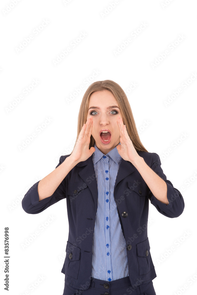 girl in a business suit on a white background. serious girl put girl in a business suit on a white background. serious girl put