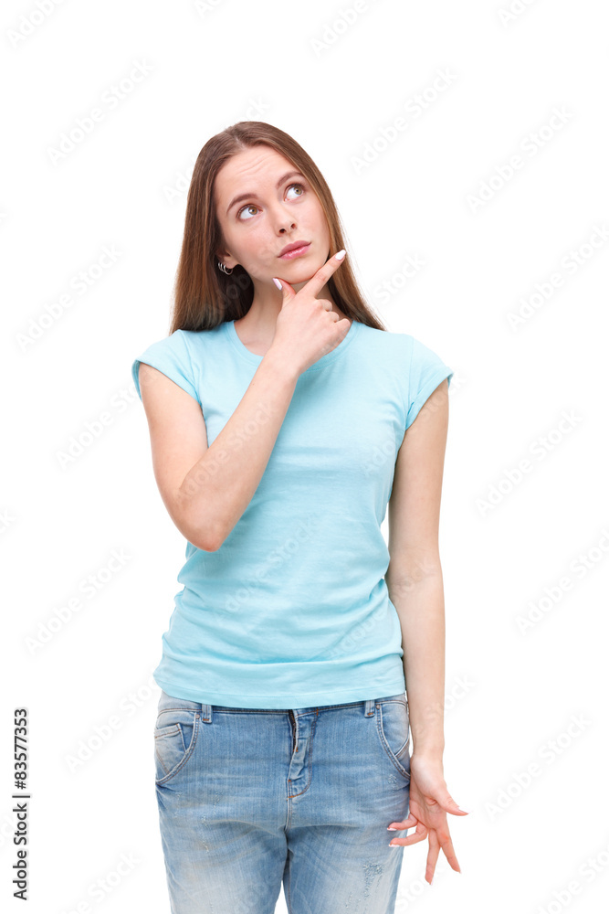 Beautiful thoughtful woman looking up - isolated on white. Beautiful thoughtful woman looking up - isolated on white.
