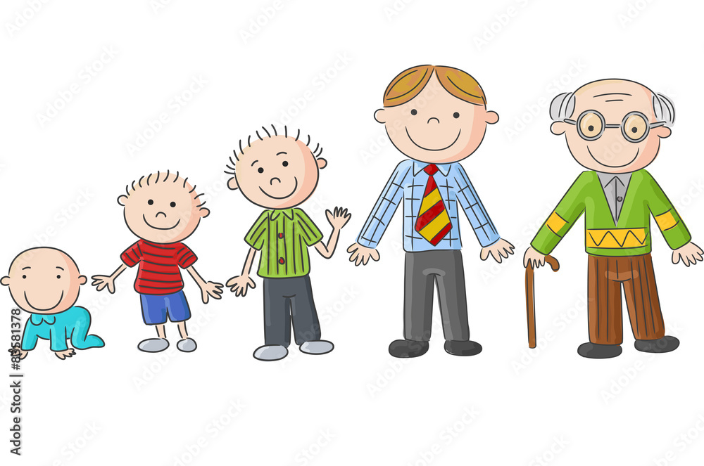 Aging people, Men at different ages. Hand drawn cartoon men Aging people, Men at different ages. Hand drawn cartoon men