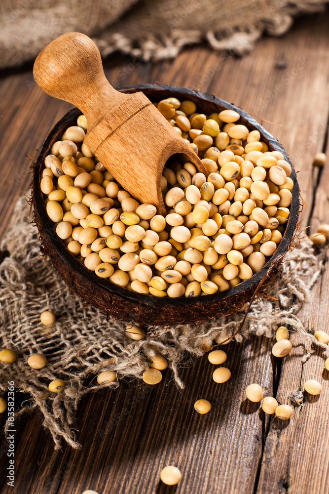 Soybeans on a wooden background. rustic style