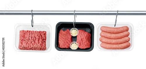 Photos meat in tray on meat hook