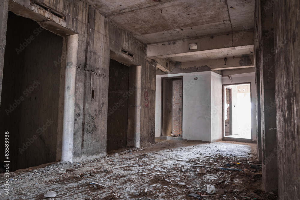 Inside of old abandoned building with construction unfinished Inside of old abandoned building with construction unfinished