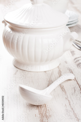 Obraz na plátne White soup tureen and ladle