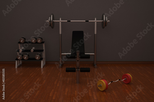 sport hall with barbells.