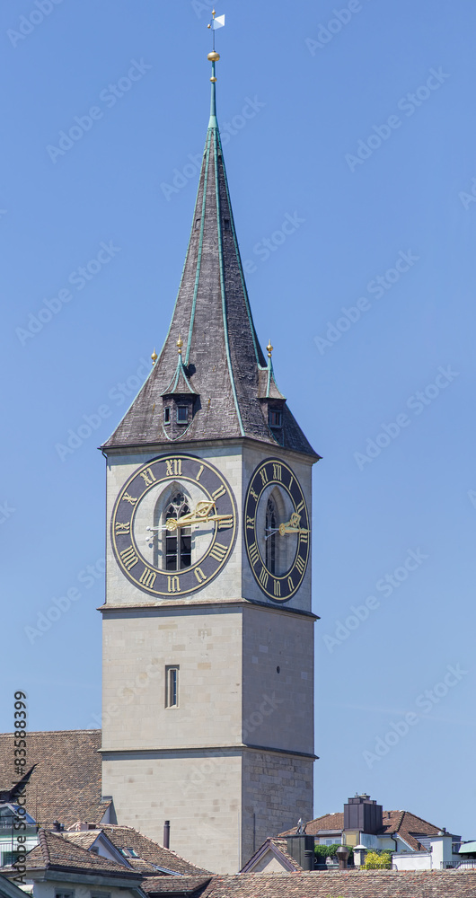 Clock tower of the St. Peter Church in Zurich