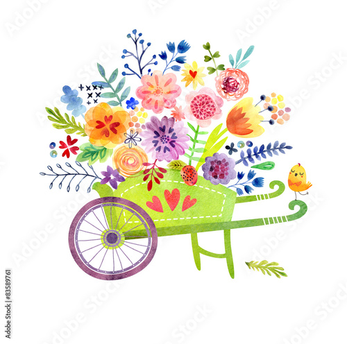 Gardening. Wheelbarrow with flowers Cute watercolor card