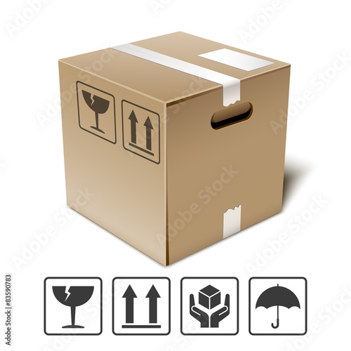 Cardboard box icon with fragile signs, vector