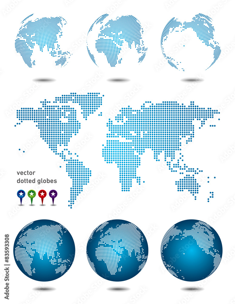Vector dotted Map and Globe of the World . Easy change colors.