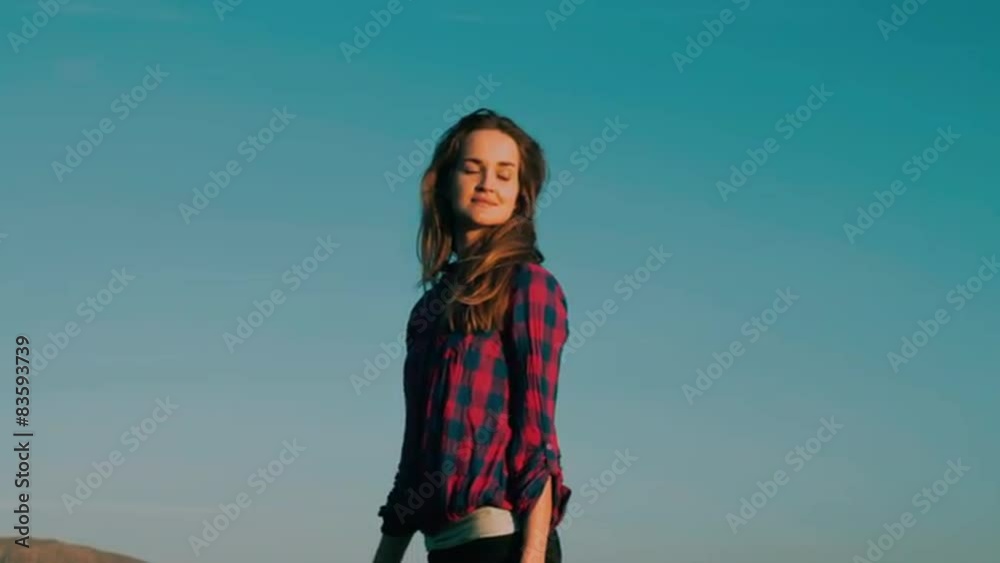 female model girl in red plaid shirt enjoy sunset sun female model girl in red plaid shirt enjoy sunset sun