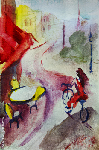 European cafe, graphic drawing in color. Girl drives a bicycle #83595740