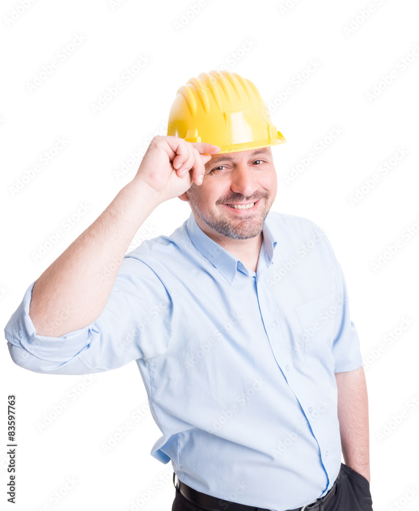 Smiling engineer or architect greeting gesture