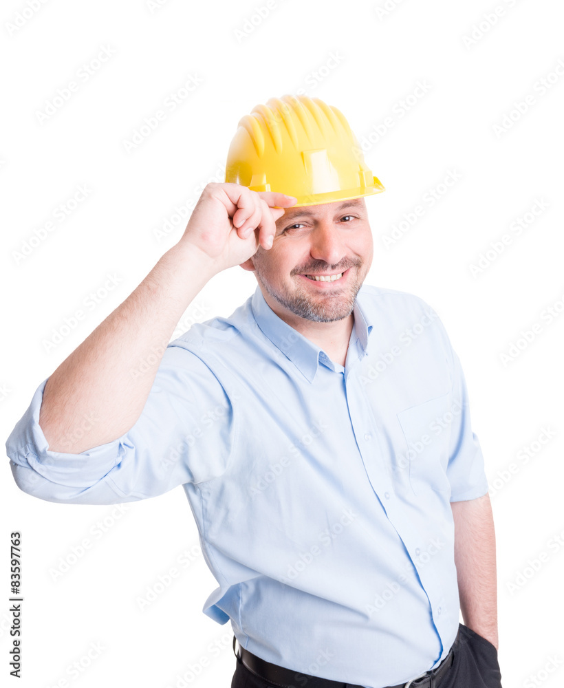 Smiling engineer or architect greeting gesture Smiling engineer or architect greeting gesture