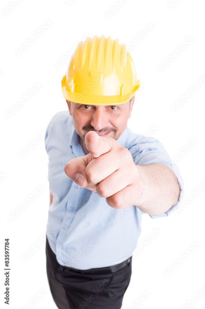 Construction manager pointing finger to the camera Construction manager pointing finger to the camera