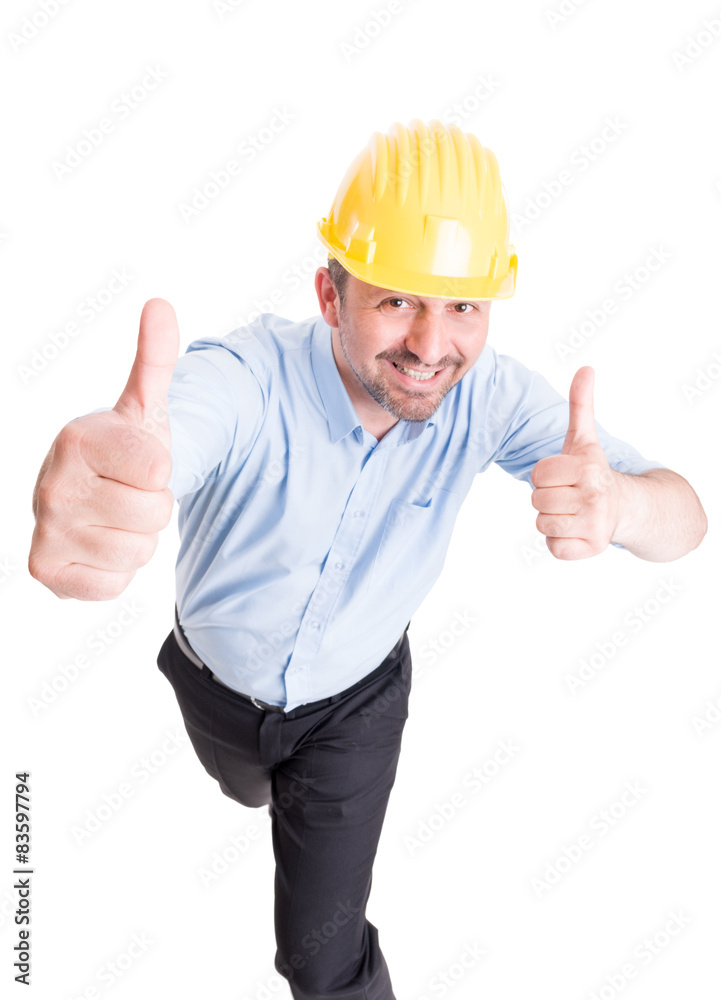 Confident and happy engineer showing thumbs up