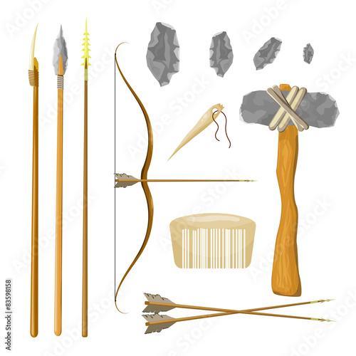 Set tools of prehistoric man: bow and arrow, spear, hammer, comb