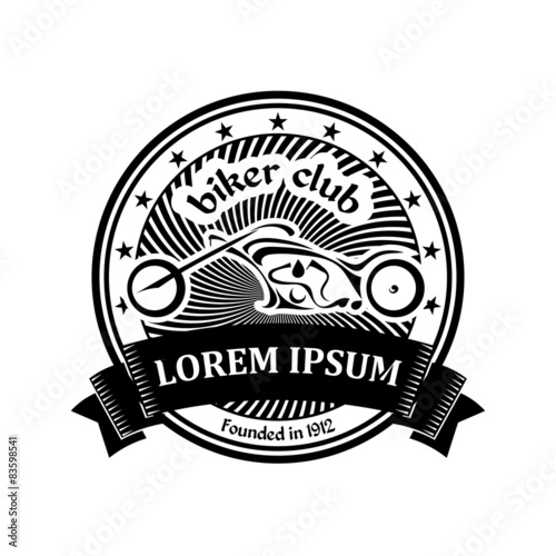 Black badge with a motorcycle, rays and ribbon. Vector illustrat