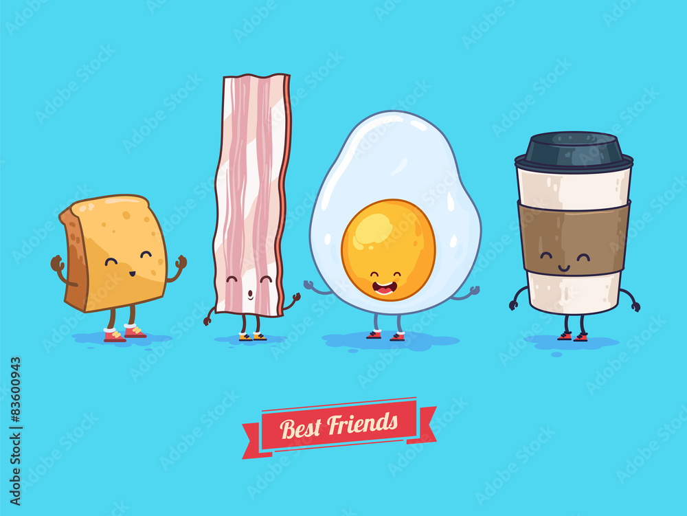 Vector funny cartoon. Funny cup, egg, bacon, croissant. Best Stock Vector |  Adobe Stock