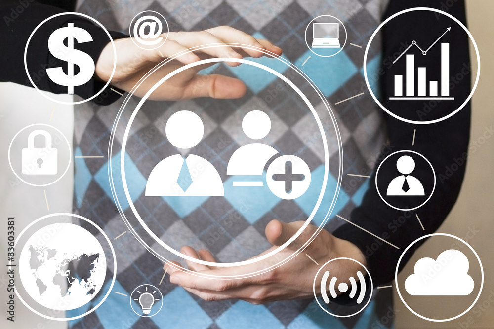 Fototapeta premium Businessman touch button interface web communication icon