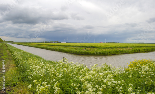 Canal through a rural landscape under deteriorating weather