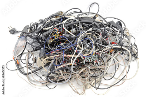 Interwoven tangle of wires on a white background